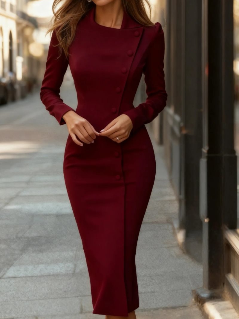 Damen Körperbetontes Etuikleid mit verdeckter asymmetrischer Knopfleiste und Stehkragen Shop Nory