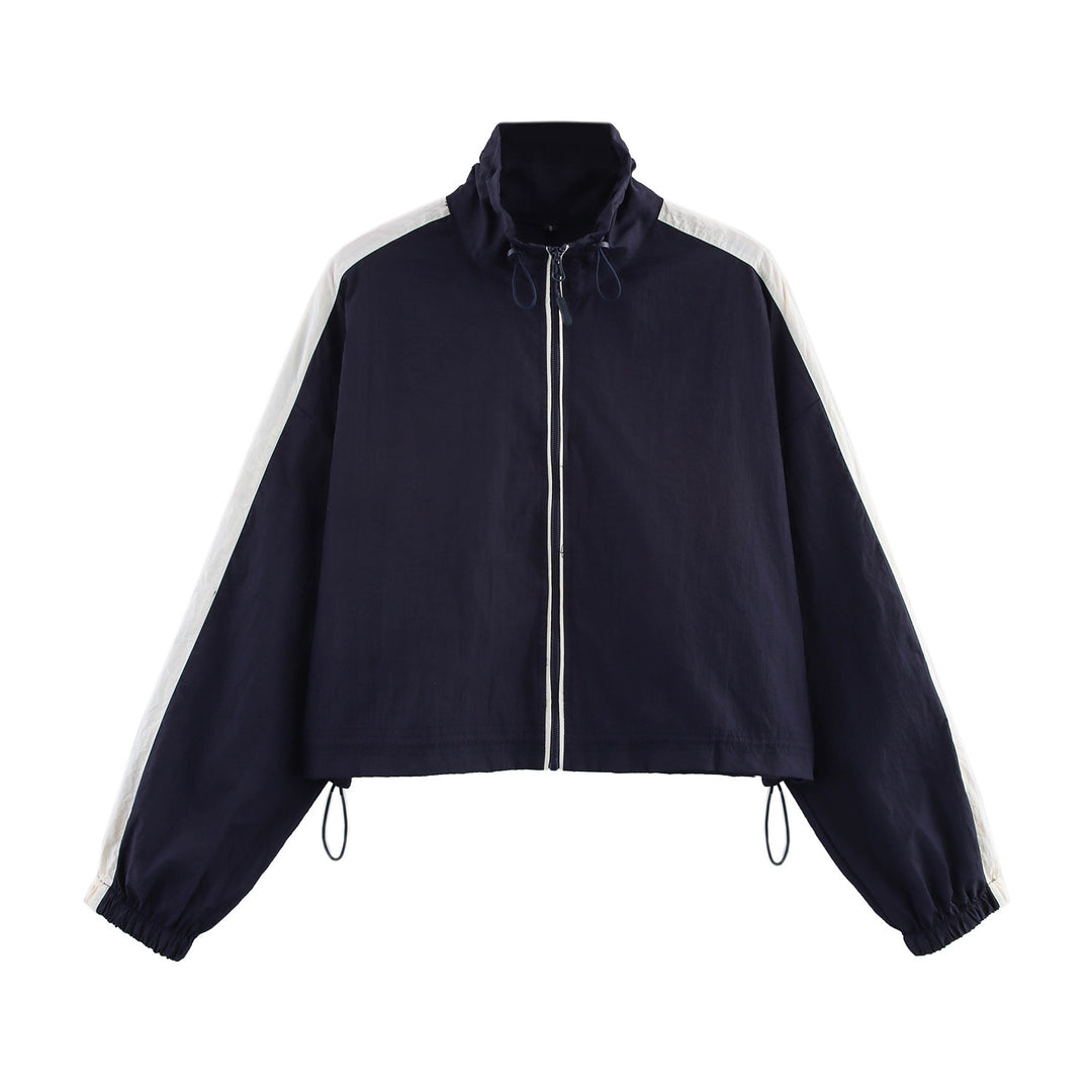 Damen Cropped Windbreaker-Jacke mit hohem Kragen, Tunnelzug und Kontraststreifen Shop Nory