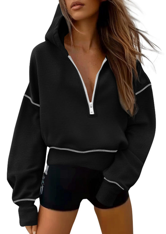 Damen nan cropped Kapuzenpullover mit halbem Reißverschluss und voluminösen Ballonärmeln Shop Nory