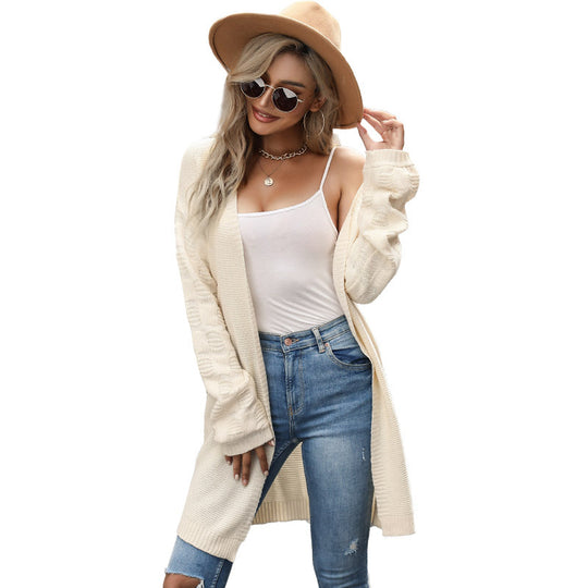 Damen Offener Grobstrick-Cardigan mit Zopfmuster-Ärmeln, verlängerter Länge und geripptem Saum Shop Nory