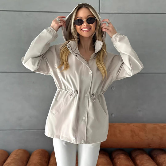 Damen Wasserabweisender Kurzparka mit Kapuze, Tunnelzug und Druckknopf-Leiste Shop Nory