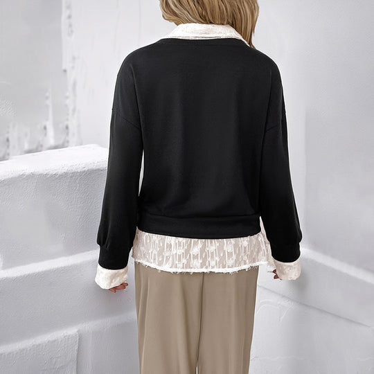 Damen Layered-Feinstrickpullover mit V-Ausschnitt und integriertem Spitzenbluseneinsatz Shop Nory