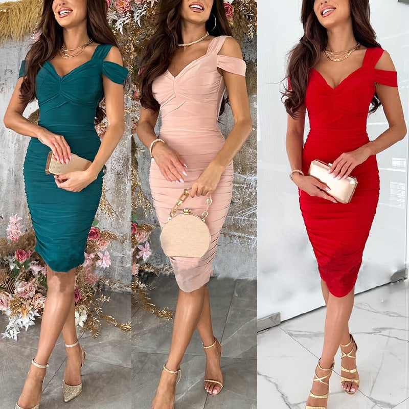 Damen Bodycon-Kleid mit Asymmetrischem Ausschnitt und Rüschendetails