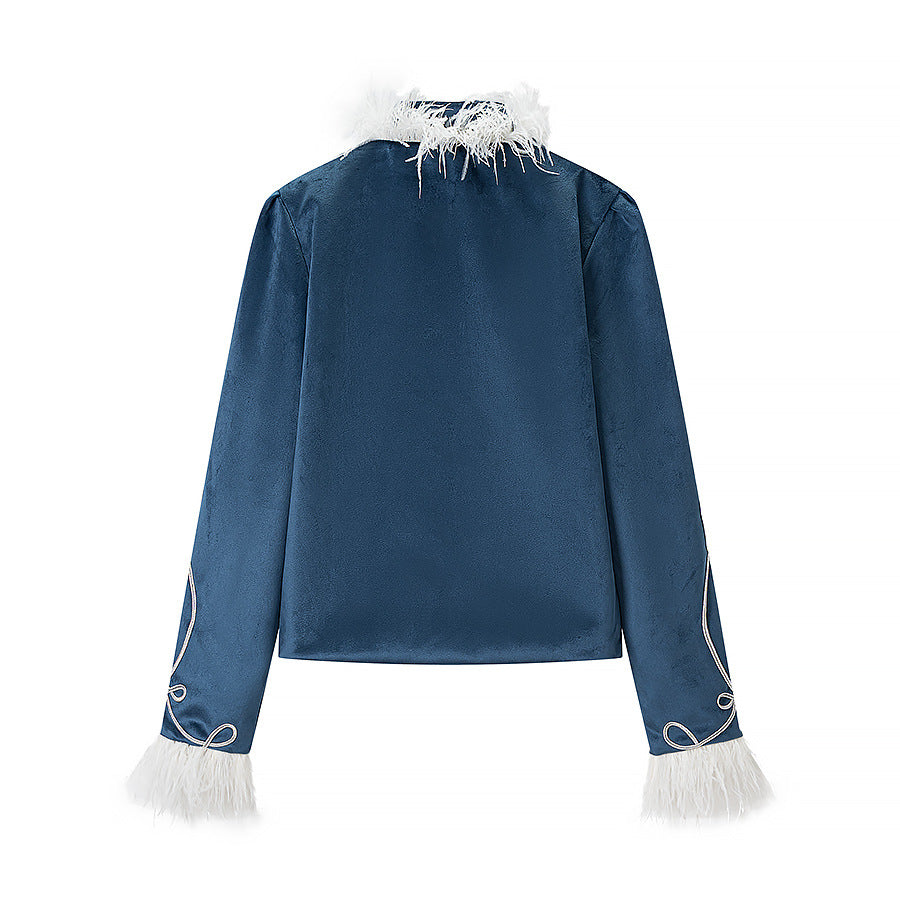 Damen Samt-Militärjacke mit Federbesatz und Zierpaspelierung Shop Nory