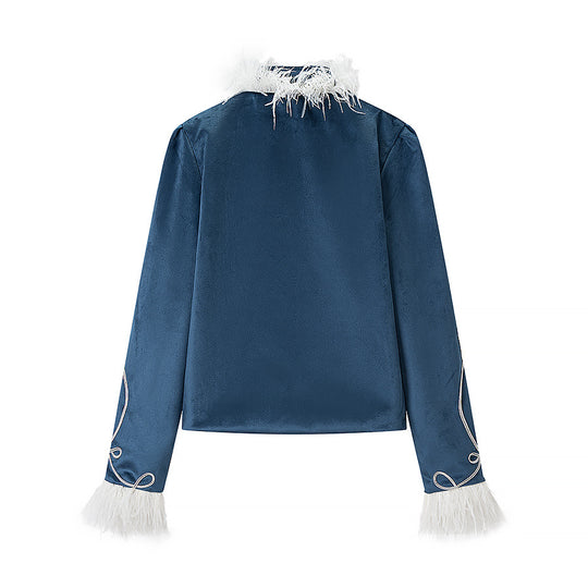 Damen Samt-Militärjacke mit Federbesatz und Zierpaspelierung Shop Nory