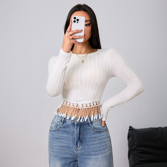 Damen gehäkeltes Crop-Longsleeve mit Fransen-Bordüre und Rippstruktur Shop Nory