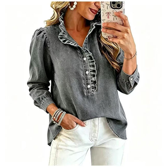 Damen Jeansbluse mit Rüschenkragen und Ballonärmeln Shop Nory