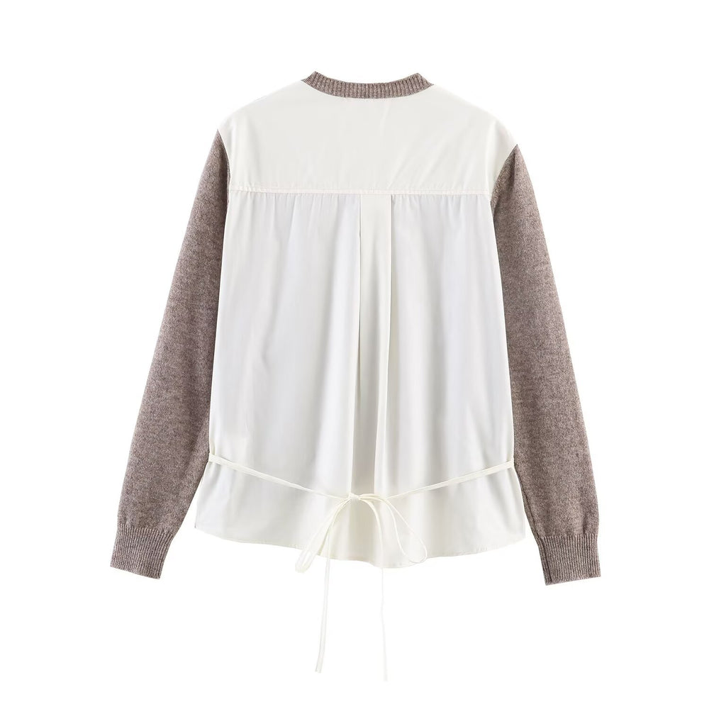 Damen Lässige Strickjacke mit angesetztem Blusenbesatz und V-Ausschnitt Shop Nory