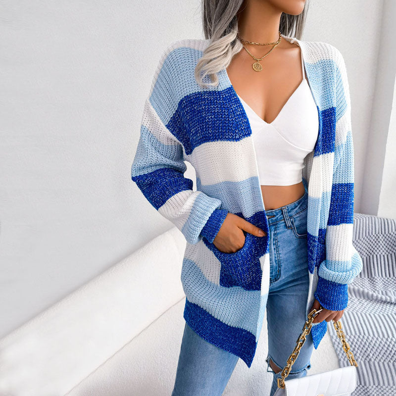Shopnory | Gestreifte Strickjacke Im Lässigen Stil