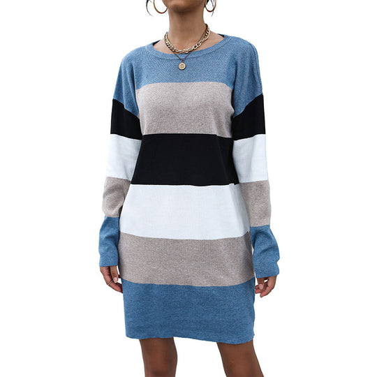 Damen Feinstrick-Minikleid mit Colorblock-Streifen, taillierter Silhouette und Rundhalsausschnitt Shop Nory