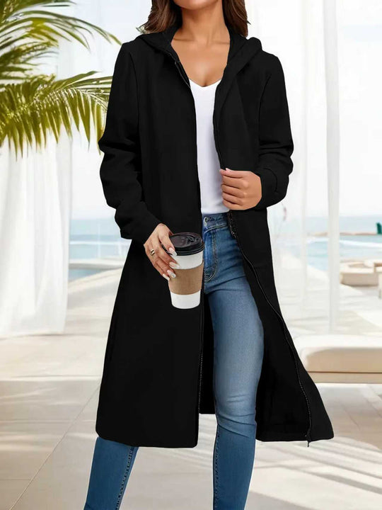 Damen Langer Kapuzen‑Mantel mit durchgehendem Reißverschluss und legerer A‑Linie Shop Nory