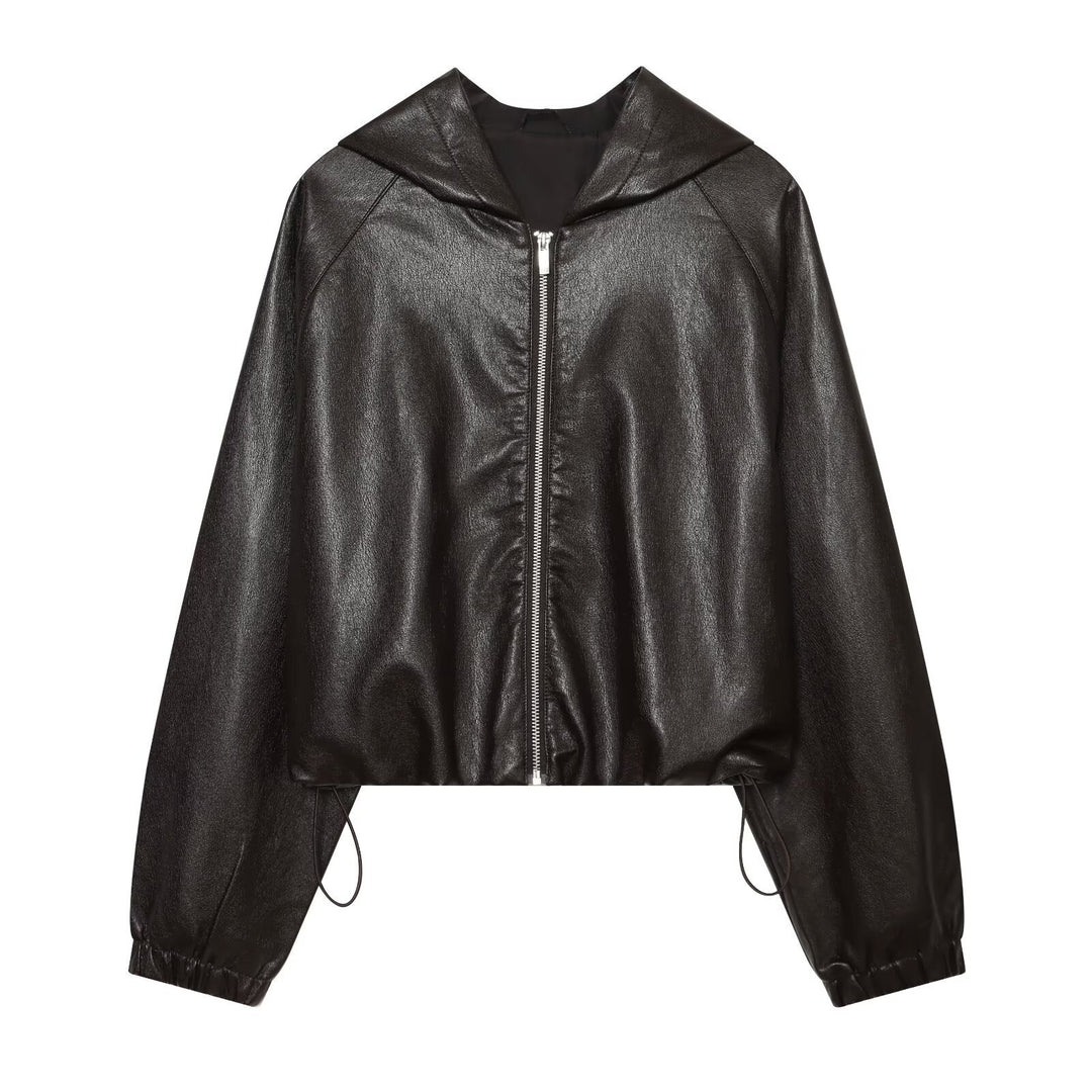 Damen Kurzgeschnittene Kunstleder-Bomberjacke mit Kapuze, Tunnelzug und elastischen Bündchen Shop Nory