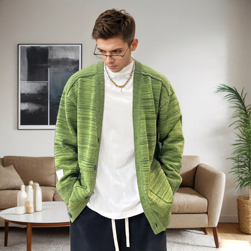 Herren Lockerer Melierter Oversize-Strickcardigan mit Knopfleiste und aufgesetzten Taschen Shop Nory