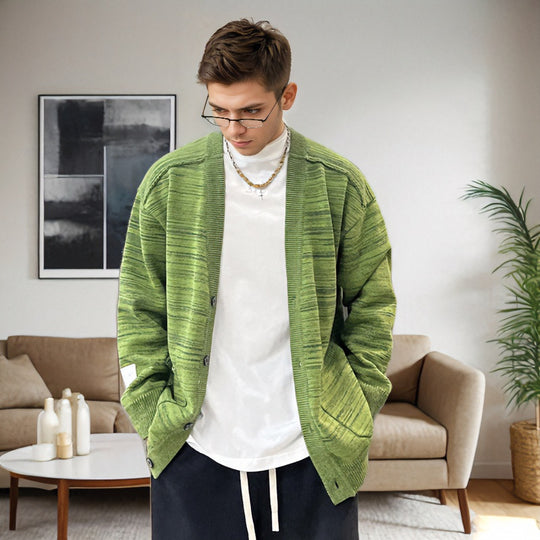 Herren Lockerer Melierter Oversize-Strickcardigan mit Knopfleiste und aufgesetzten Taschen Shop Nory