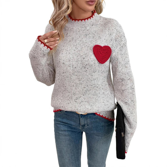 Damen Gerippter Feinstrick-Pullover mit Herz‑Applikation und kontrastierter Saumkante Shop Nory