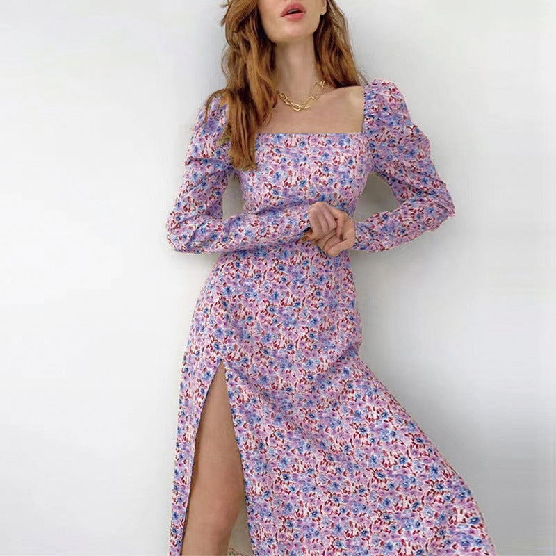 Damen Midikleid mit quadratischem Ausschnitt, tailliertem Bustier-Oberteil, Puffschulter und hohem Beinschlitz Shop Nory