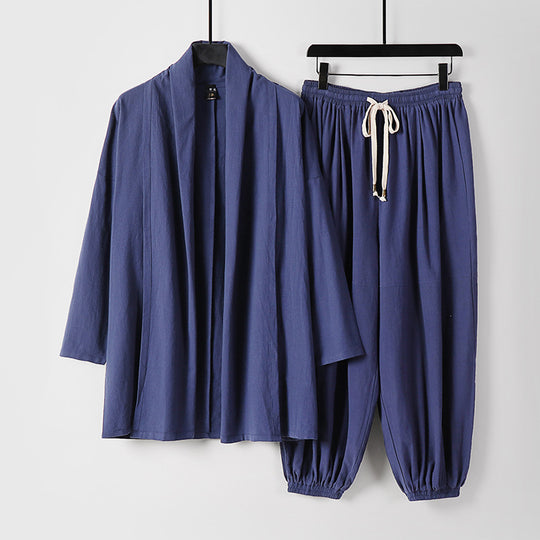 Unisex Entspanntes Kimono-Zweiteiler aus Baumwollmusselin mit Schalkragenjacke und geraffter Knöchelhose Shop Nory