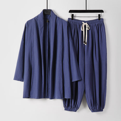 Unisex Entspanntes Kimono-Zweiteiler aus Baumwollmusselin mit Schalkragenjacke und geraffter Knöchelhose Shop Nory