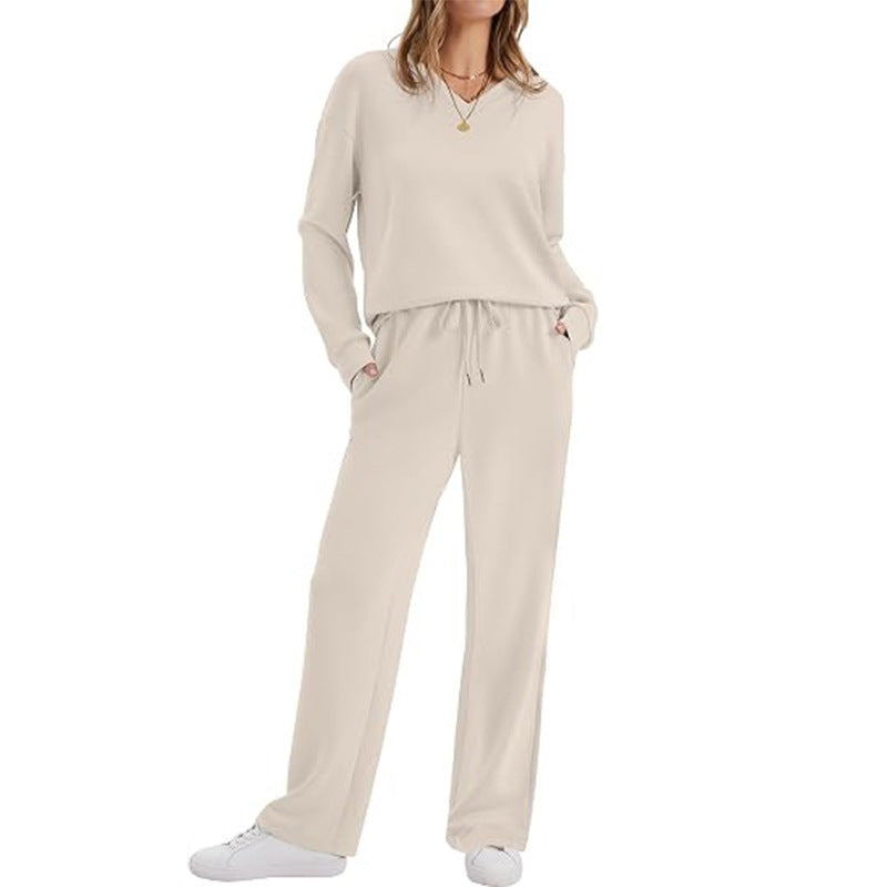 Damen Lässiges Lounge-Set mit V-Ausschnitt-Sweatshirt und weiten Tunnelzug-Hosen Shop Nory