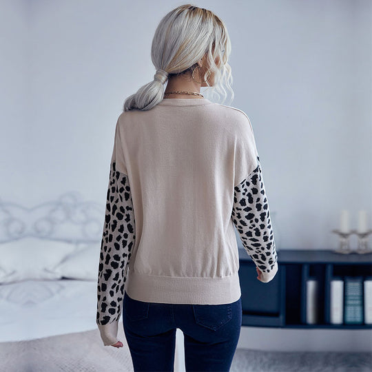 Damen V‑Ausschnitt Feinstrickpullover mit Leo‑Jacquardärmeln und überschnittener Passform Shop Nory