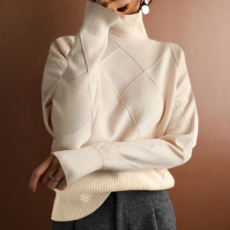 Damen nan weit geschnittener Strickpullover mit hohem Rollkragen und Rautenmuster Shop Nory