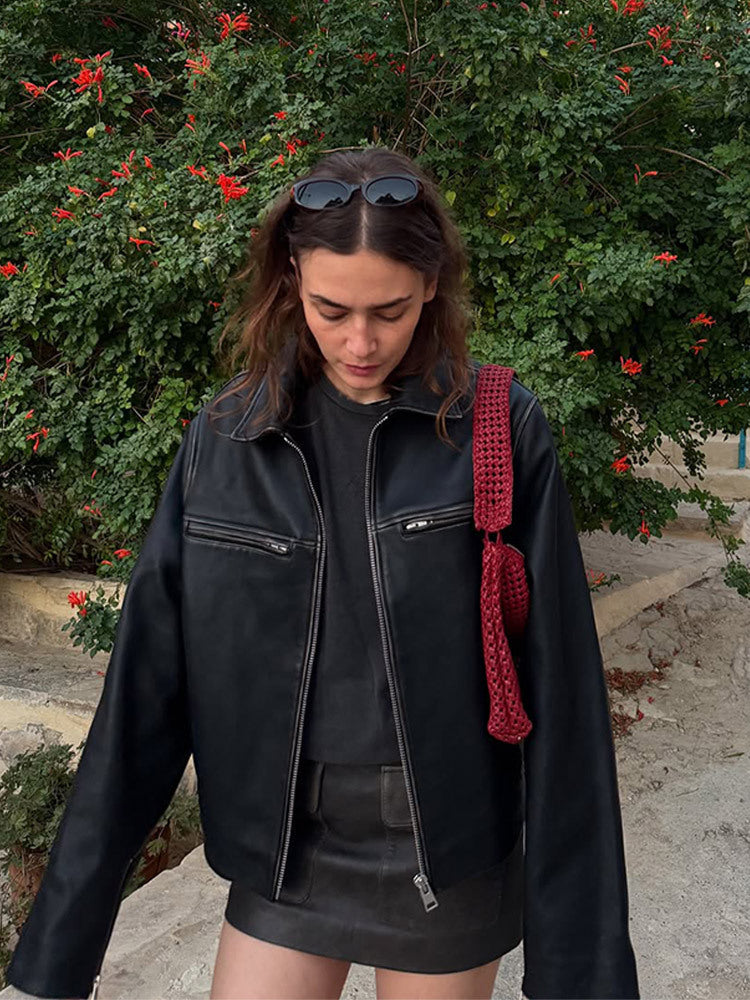 Damen Boxy-Lederimitatjacke mit zweifachem Reißverschluss und Brustzippern Shop Nory