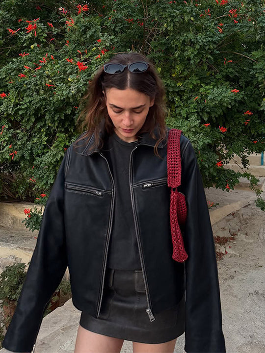 Damen Boxy-Lederimitatjacke mit zweifachem Reißverschluss und Brustzippern Shop Nory