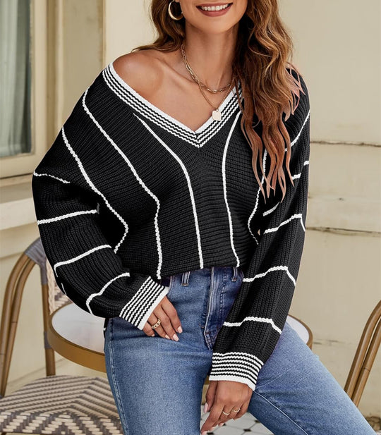 Damen Cropped Strickpullover mit V-Ausschnitt, Waffelstruktur und kontrastierenden Streifen Shop Nory