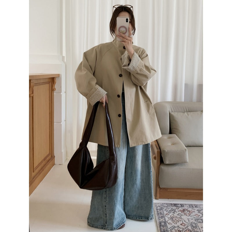 Damen Oversize-Mantel mit Stehkragen und kariertem Ärmelsaum Shop Nory