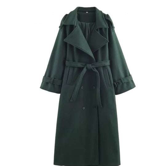 Damen langer doppeltreihiger Wollmix-Trenchcoat mit Gürtel und breitem Revers Shop Nory