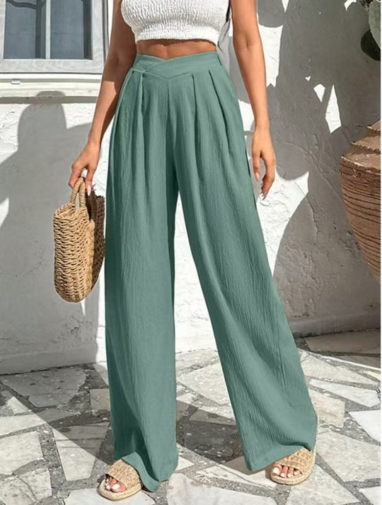 Damen High-Waist Leinenhose mit weitem Bein und Bundfalten Shop Nory
