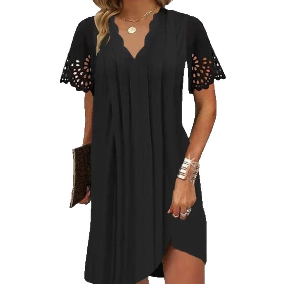 Damen nan leichtes Sommerkleid mit gezacktem V-Ausschnitt Ajourärmeln und geschwungenem Saum