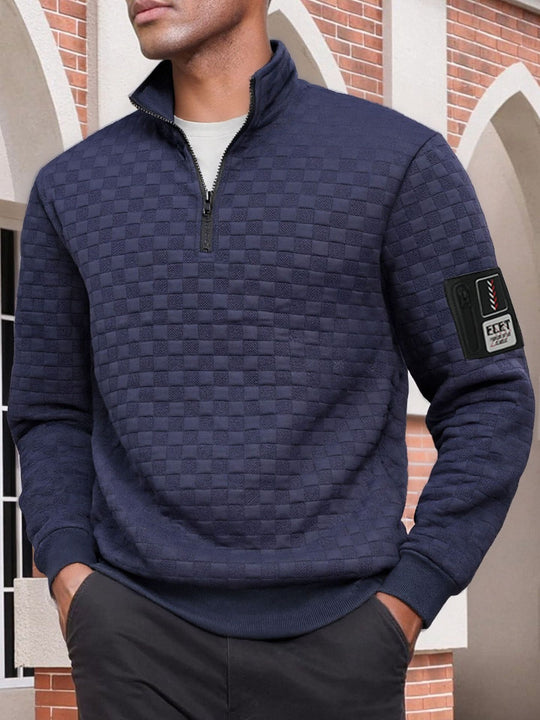 Herren strukturierter Stehkragen-Halbzip-Pullover mit Karosteppung, elastischen Bündchen und Ärmel-Patch Shop Nory