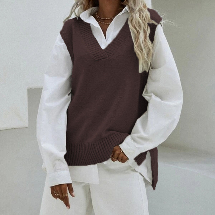 Damen Ärmellose Strickweste mit V-Ausschnitt und seitlichen Schlitzen Shop Nory