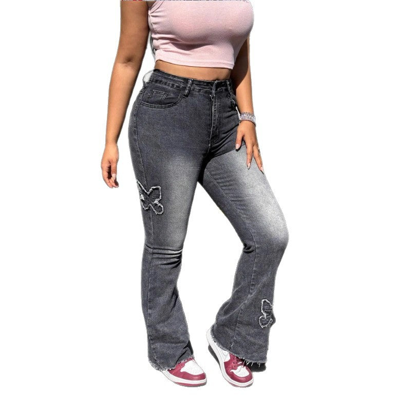 Damen Hochtaillierte Flared-Jeans mit Schmetterlingsstickerei, rohem Saum und sculptendem Stretchbund Shop Nory