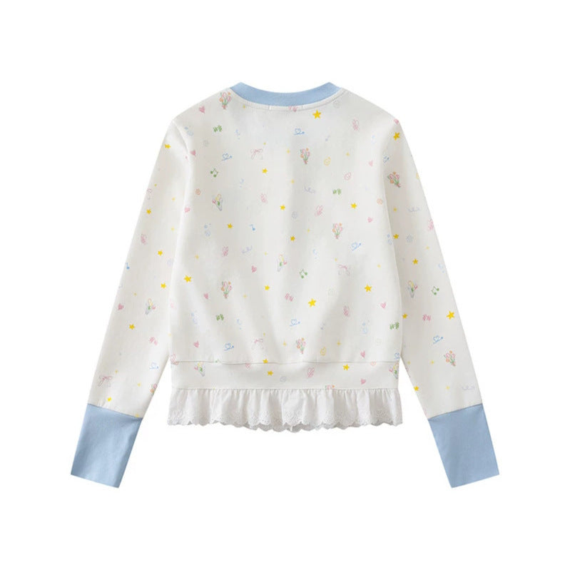 Damen Knopfleisten-Cardigan mit Spitzenvolant, pastelligem Allover-Print und Kontrastbündchen Shop Nory