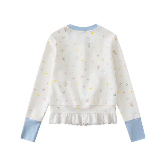 Damen Knopfleisten-Cardigan mit Spitzenvolant, pastelligem Allover-Print und Kontrastbündchen Shop Nory