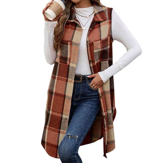 Damen Langer Karo-Weste mit Taschen Shop Nory