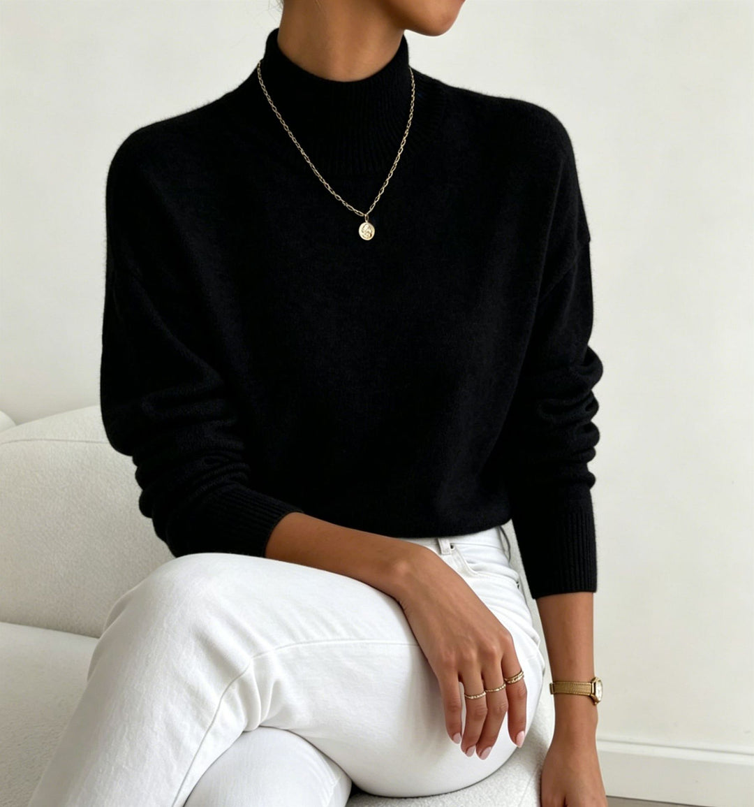 Damen kuscheliger Feinstrickpullover mit Stehkragen und überschnittener Schulter Shop Nory