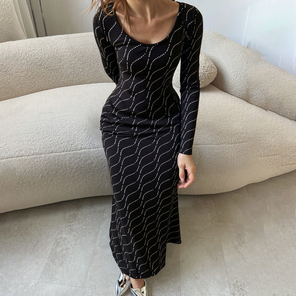 Damen nan langärmeliges Bodycon-Mermaid-Abendkleid mit Wellen-Strassbesatz Shop Nory