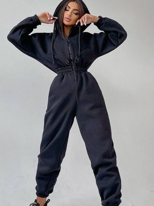 Damen Taillierter Kapuzen-Sweat-Jumpsuit mit Reißverschluss und elastischem Taillenbund Shop Nory
