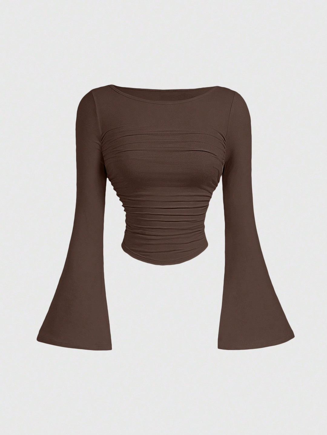 Damen Figurbetontes Langarmshirt mit Carmenausschnitt, gerafftem Rumpf und Trompetenärmeln Shop Nory