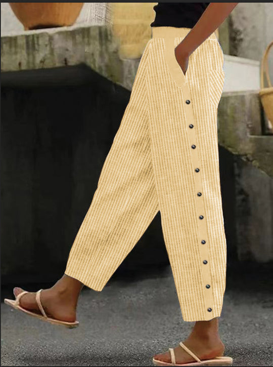 Damen Culotte-Hosen mit hohem elastischem Bund, seitlichem Knopfverschluss und Taschen Shop Nory