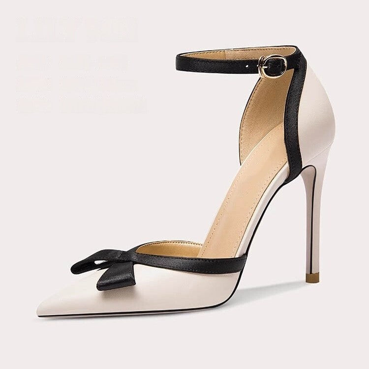 Damen Elegante spitz zulaufende Pumps im Retro-Chic mit Knöchelriemen und Zierschleife Shop Nory