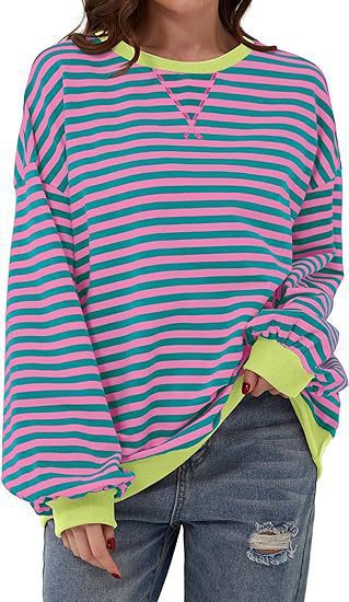 Damen Lässiges Oversize-Streifen-Sweatshirt mit Raglanärmeln und Kontrastbündchen Shop Nory