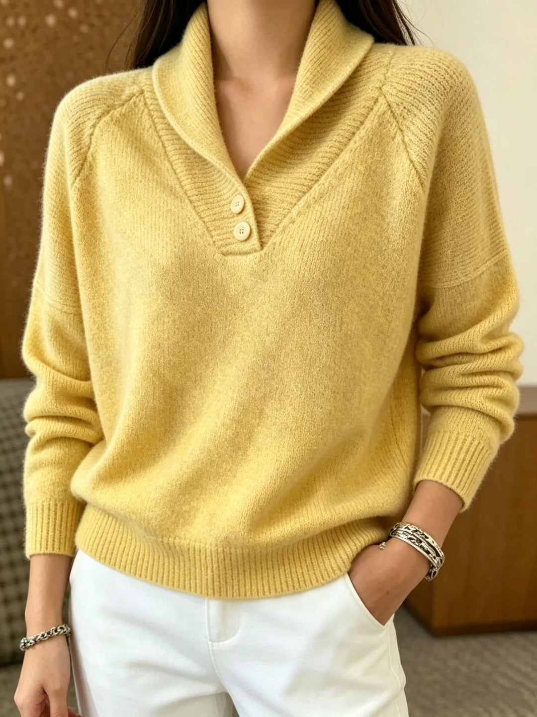 Damen Weicher Schalkragen‑Pullover mit halber Knopfleiste und Raglanärmeln Shop Nory