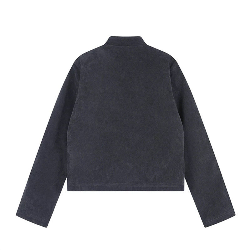 Damen Kurzjacke aus Veloursleder im militärischen Stil mit Stehkragen und Zierriegeln Shop Nory