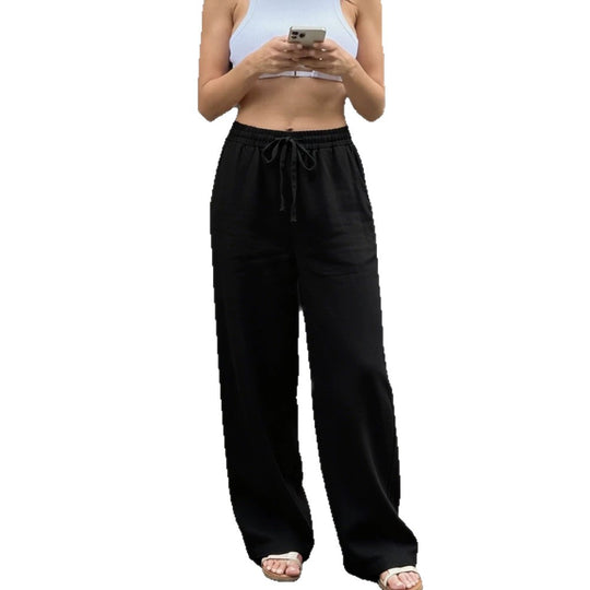 Damen Weite Leinenoptik-Hose mit Gummibund, Tunnelzug und Seitentaschen Shop Nory