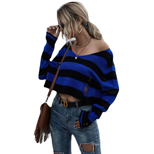 Damen Lässiger Crop-Pullover mit Streifen und Destroyed-Details Shop Nory