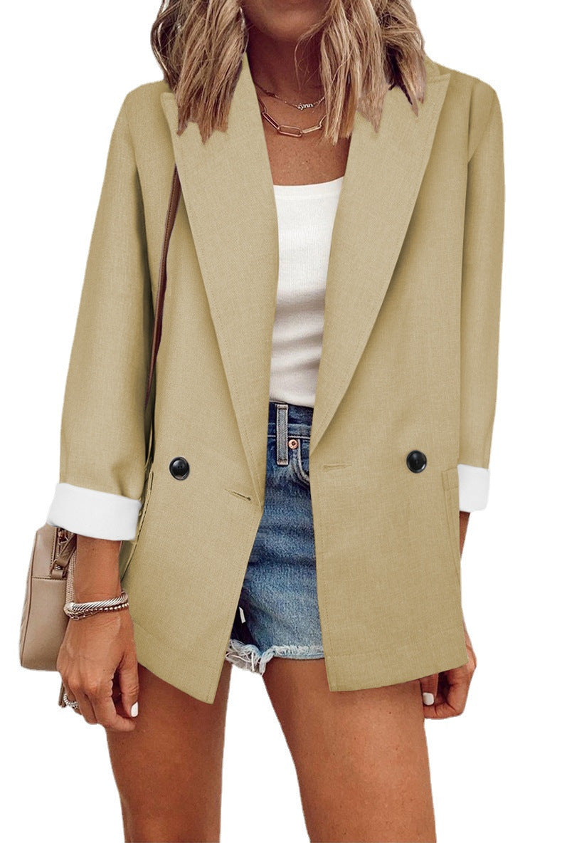 Damen Oversize Longline-Blazer mit 3/4-Ärmeln, Kontrastumschlag und aufgesetzten Taschen Shop Nory